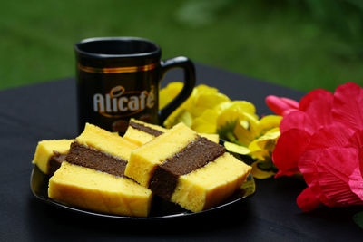 Close-up of coffee served on table