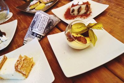 High angle view of food served on table