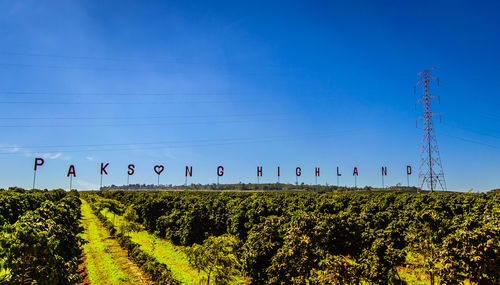 Text on field against blue sky