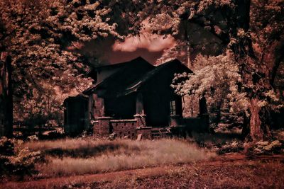 Old building by trees on field against sky