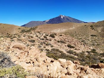 Scenic view of desert against clear blue sky