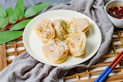 High angle view of food in plate on table