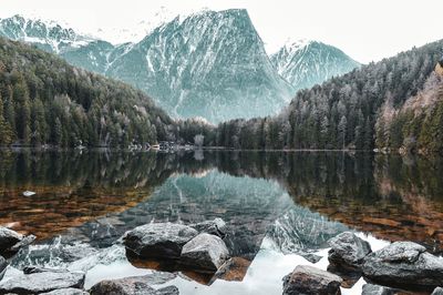 Scenic view of lake and mountains against sky