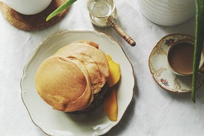 High angle view of breakfast on table