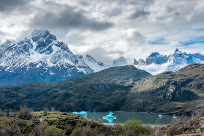 Scenic view of lake and mountains against sky