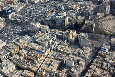 High angle view of modern buildings in city