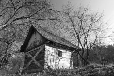 View of abandoned house and bare trees in field