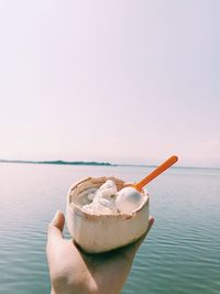 Person holding ice cream over sea against sky