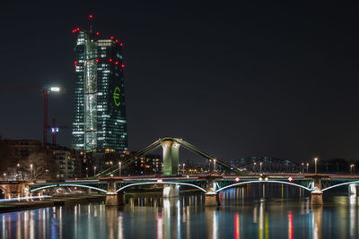 Suspension bridge over river at night