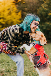 Portrait of woman with dog