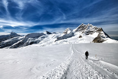 Rear view of person on snowcapped mountain against sky