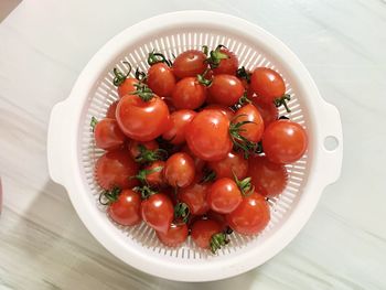 High angle view of tomatoes in bowl on table