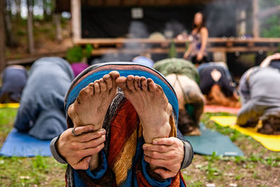 Rear view of people sitting on field