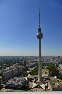 Aerial view of buildings in city against clear sky