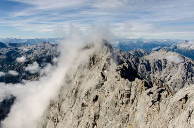 Panoramic view of mountainous landscape against cloudy sky