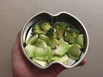 High angle view of hand holding salad in bowl