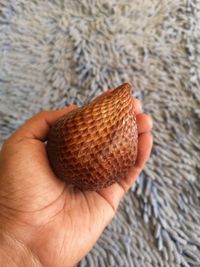 Close-up of hand holding shell on beach