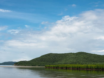 Scenic view of lake and mountains against sky