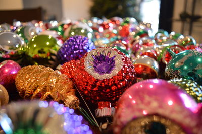 Close-up of colorful christmas baubles at store