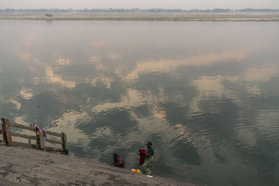 High angle view of people on lake