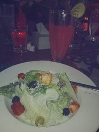 Close-up of served food on table