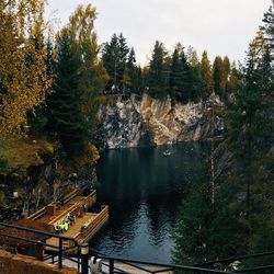 Scenic view of lake by trees in forest against sky