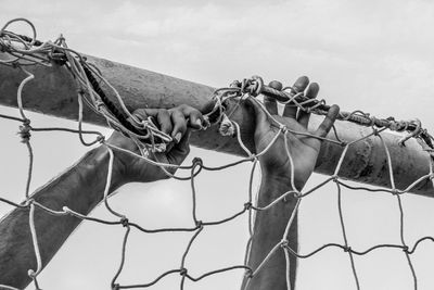 Cropped image of man attaching net on goal post against sky