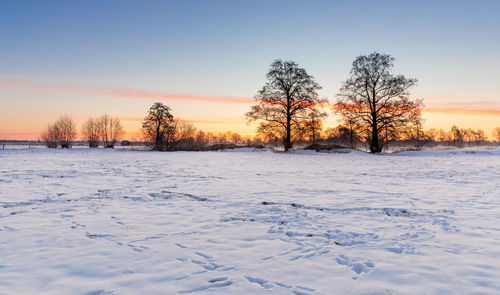 Snow covered field against sky during sunset