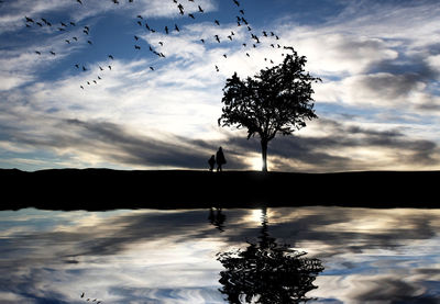 Silhouette of people in water at sunset