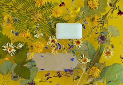 Dried plantain and flowers laid out on a yellow background. mock up of homemade soap. eco-friendly. 