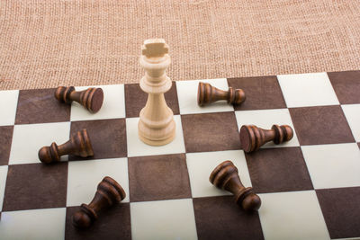 High angle view of chess pieces