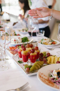 Various snacks on banquet table