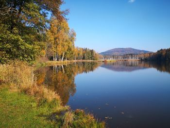 Scenic view of lake by trees against blue sky