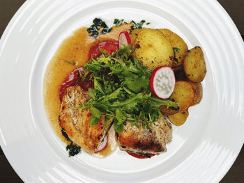High angle view of food in plate on table