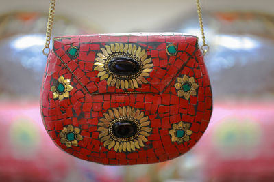 Handmade women handbag in zellige mosaic. moroccan artisanat . close up view