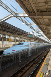 Railroad station platform against clear sky