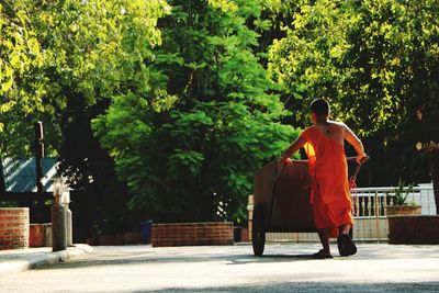 Rear view of men walking on cross against trees