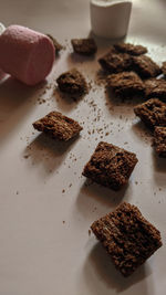 High angle view of chocolate cake on table