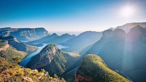 Panoramic view of mountains against clear sky