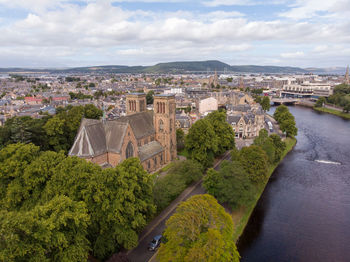 High angle view of townscape against sky in city