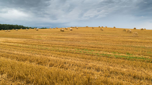 Hay bales on field against sky