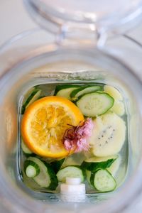 High angle view of marinated food in a jar