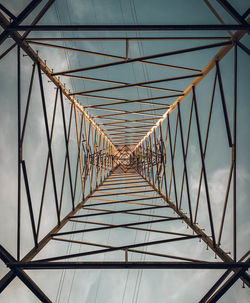 Low angle view of suspension bridge against sky