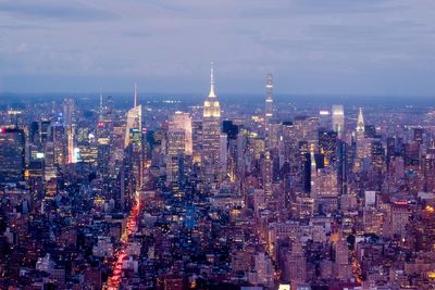 Aerial view of illuminated cityscape