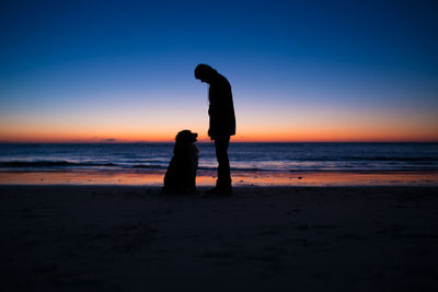 Silhouette man standing by dog at beach against sky during sunset