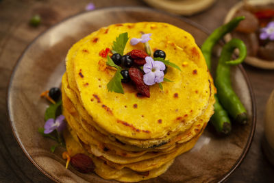 High angle view of dessert in plate on table