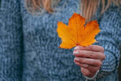 Close-up of person holding maple leaf during autumn