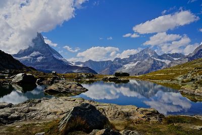 Scenic view of lake and mountains against sky