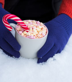 Cropped hands of person holding marshmallows in mug on snow