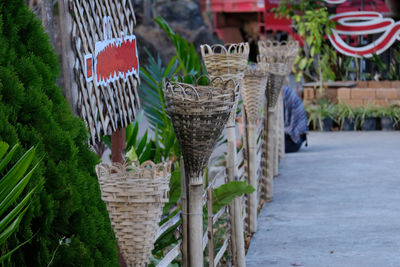 Close-up of wicker basket hanging from tree